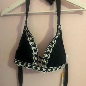 Black Bikini Top with White Embroidery